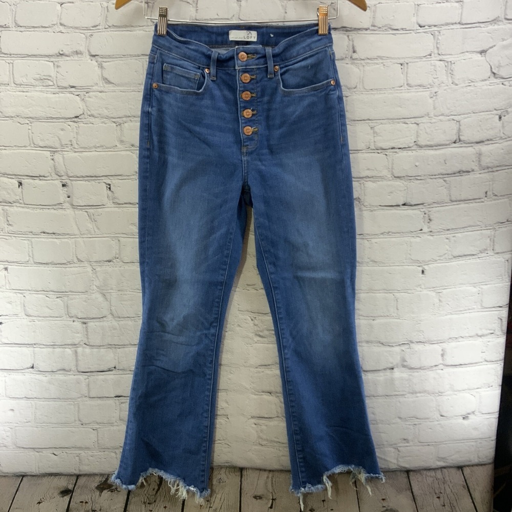 Ann Taylor LOFT Blue Jeans Womens Sz 26 High Waisted Button Fly‎ Raw Hem